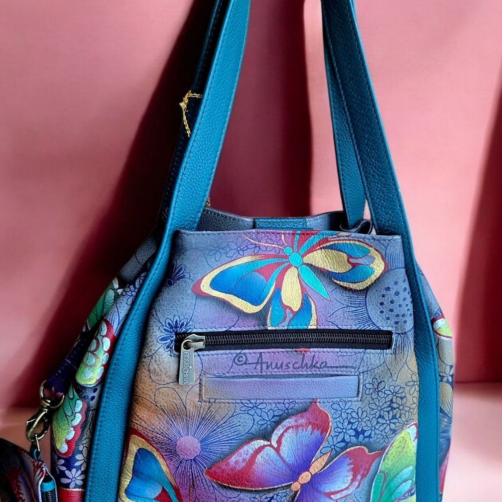 Anna by Anuschka Butterfly Hand Painted Satchel - Wallet Included New